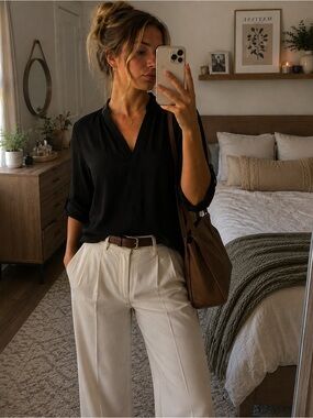 Black V-Neck Roll Tab Sleeve Blouse | Business Casual Office Core Minimal